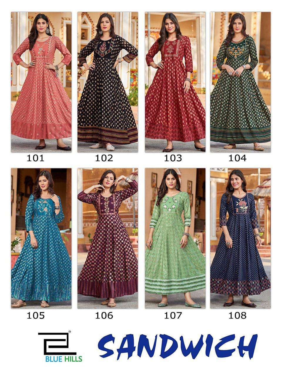 Blue Hills Sandwich Catalog Heavy Rayon Anarkali Kurtis Wholesale