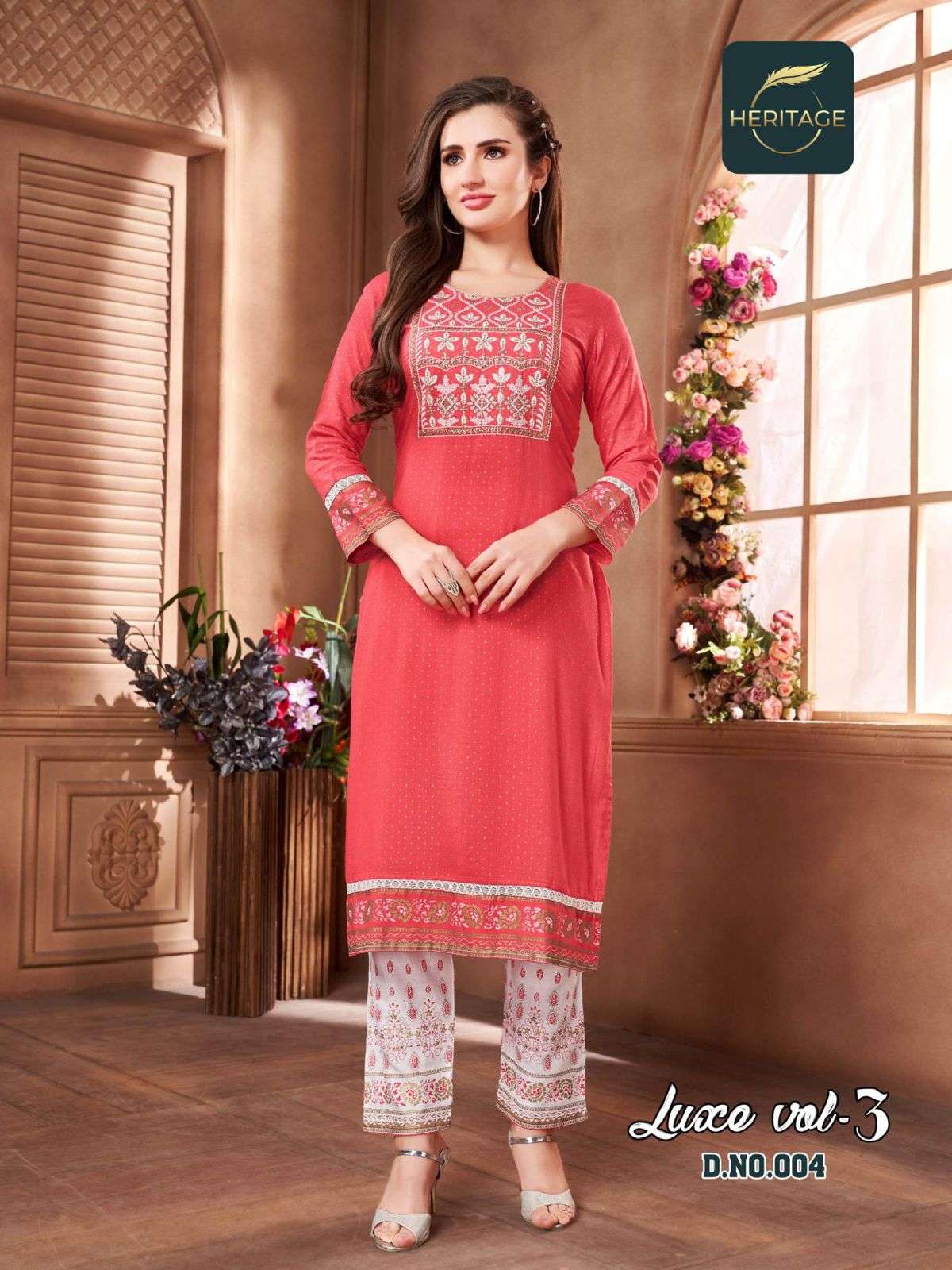 Heritage Luxe Vol 3 Catalog Rayon Slub Designer Printed Kurti With Bottom Wholesale