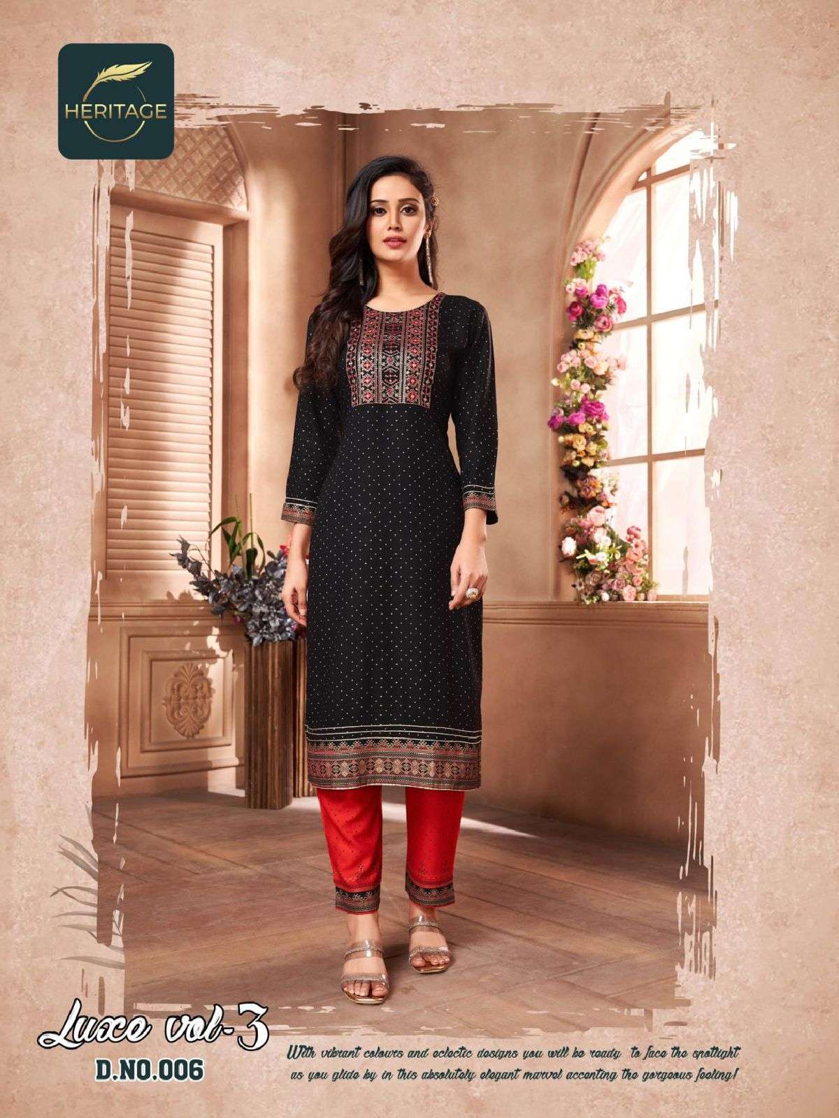 Heritage Luxe Vol 3 Catalog Rayon Slub Designer Printed Kurti With Bottom Wholesale