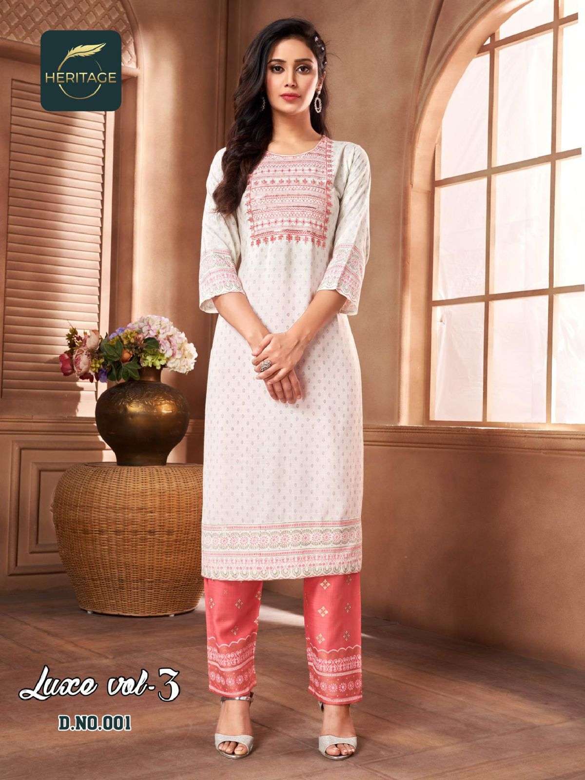Heritage Luxe Vol 3 Catalog Rayon Slub Designer Printed Kurti With Bottom Wholesale