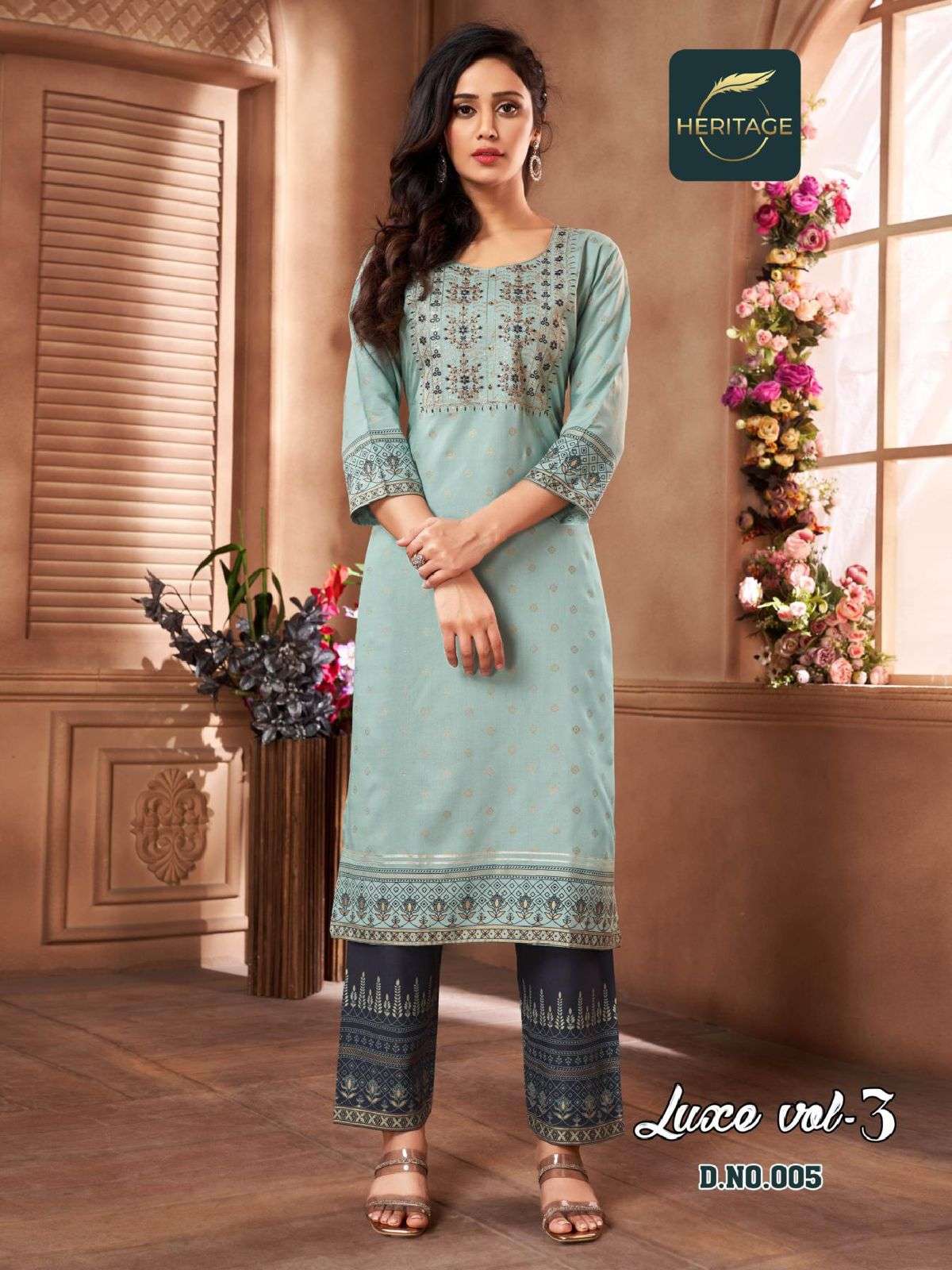 Heritage Luxe Vol 3 Catalog Rayon Slub Designer Printed Kurti With Bottom Wholesale