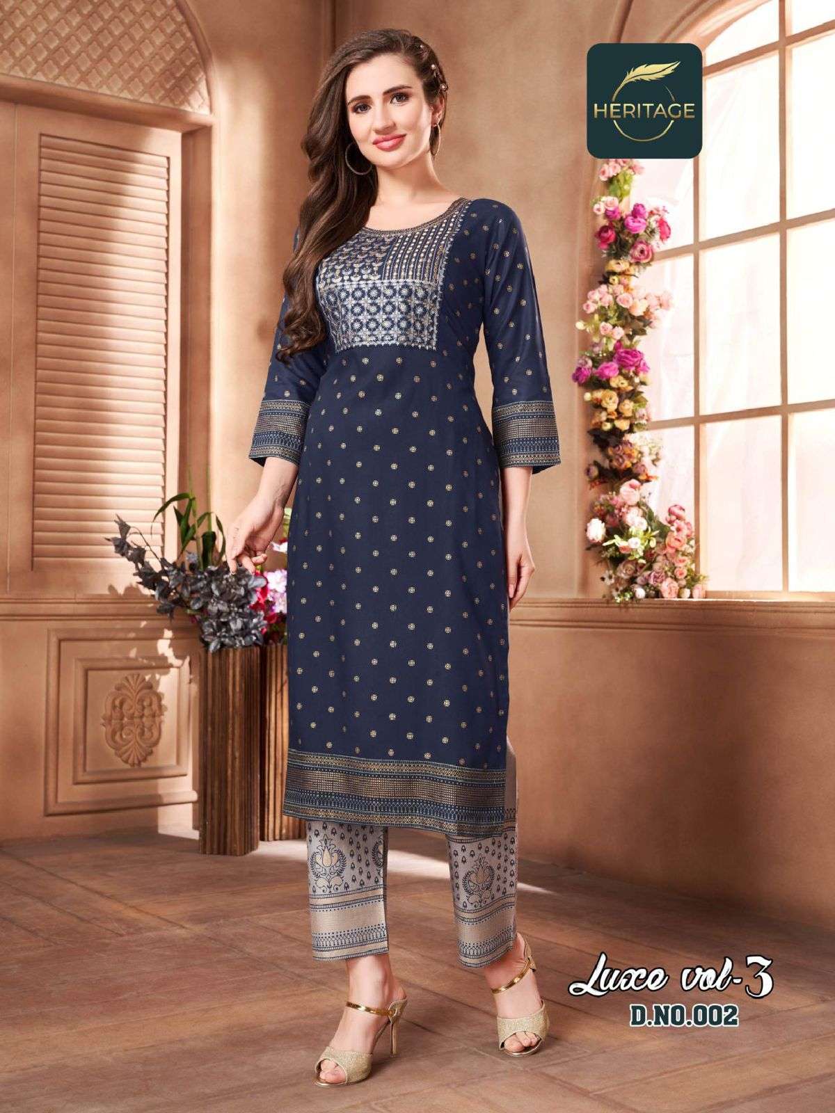 Heritage Luxe Vol 3 Catalog Rayon Slub Designer Printed Kurti With Bottom Wholesale