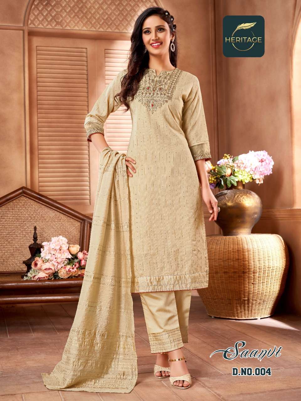 Heritage Saanvi Catalog Heavy Chanderi Silk Kurti With Bottom Dupatta Wholesale