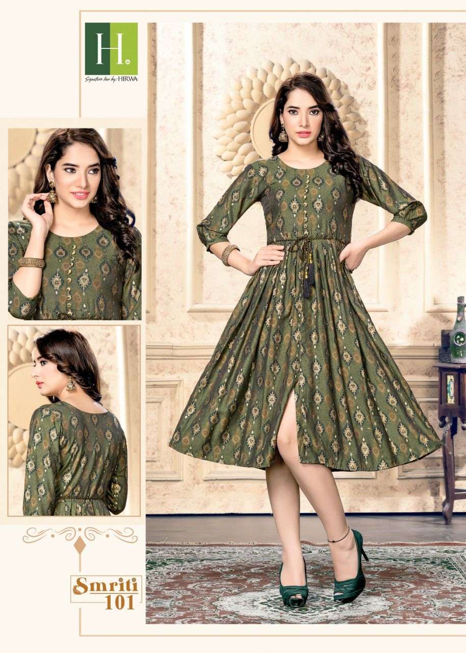 Hirwa Smriti Catalog Heavy Muslin Print Ghera Kurtis Wholesale