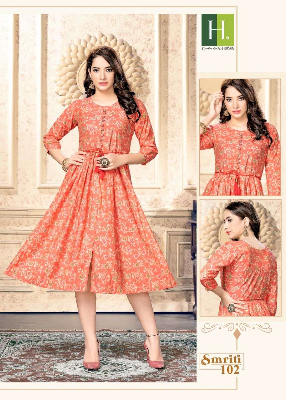 Hirwa Smriti Catalog Heavy Muslin Print Ghera Kurtis Wholesale