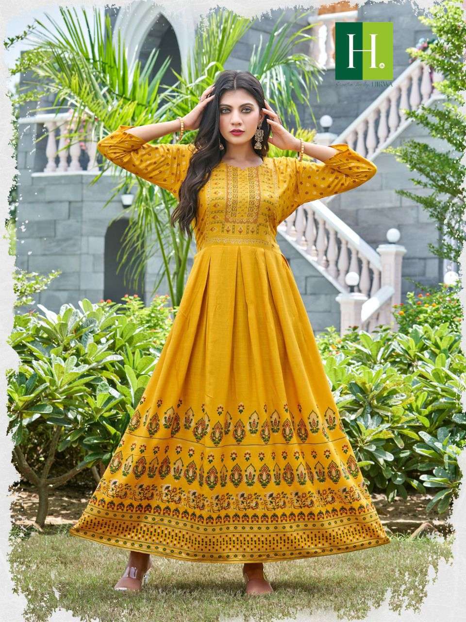 Yellow Muslin Digital Printed Party Wear Gown | Latest Kurti Designs