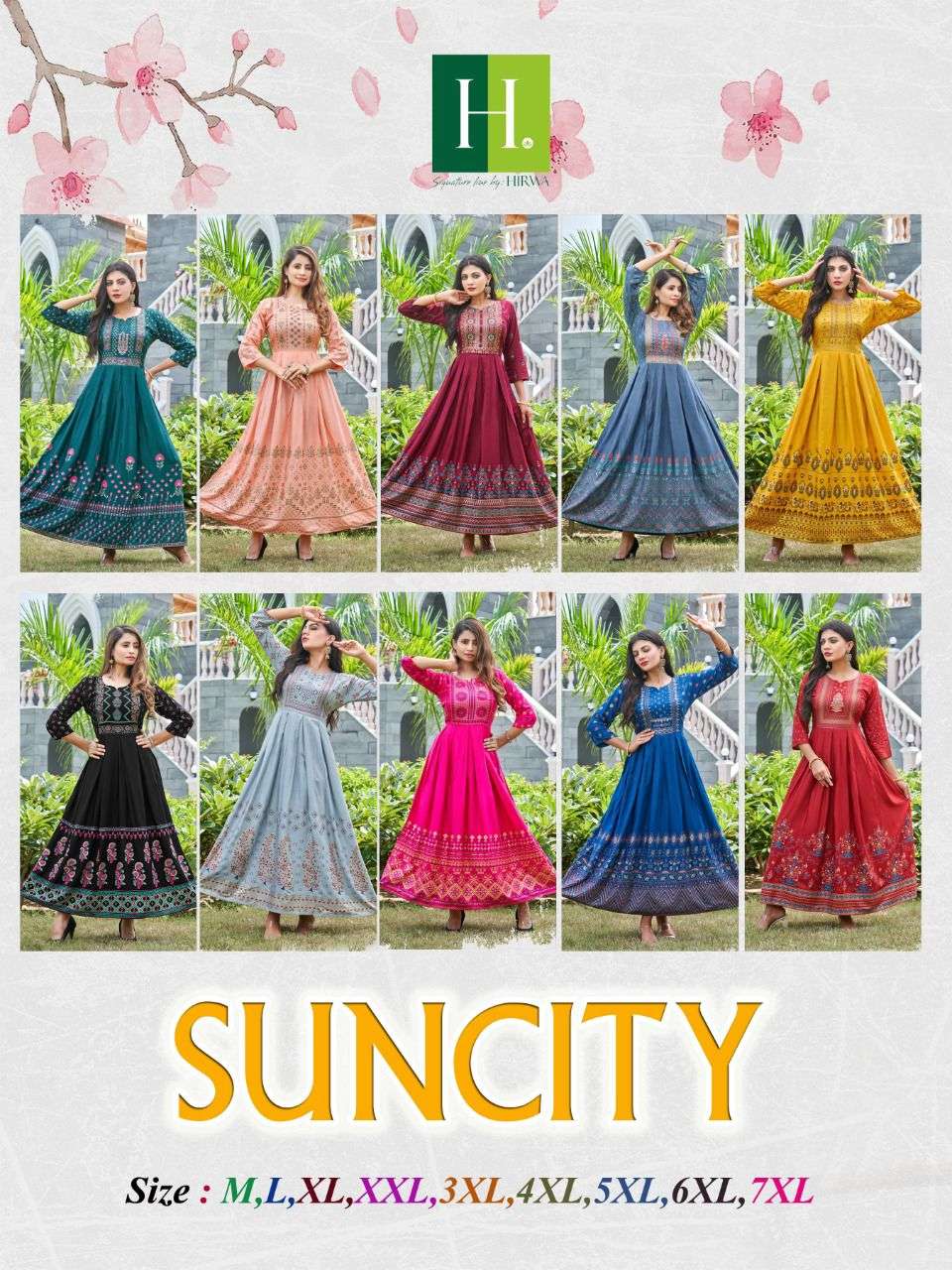 Hirwa Suncity Catalog Heavy Rayon Designer Party Wear Gown Style Kurtis Wholesale