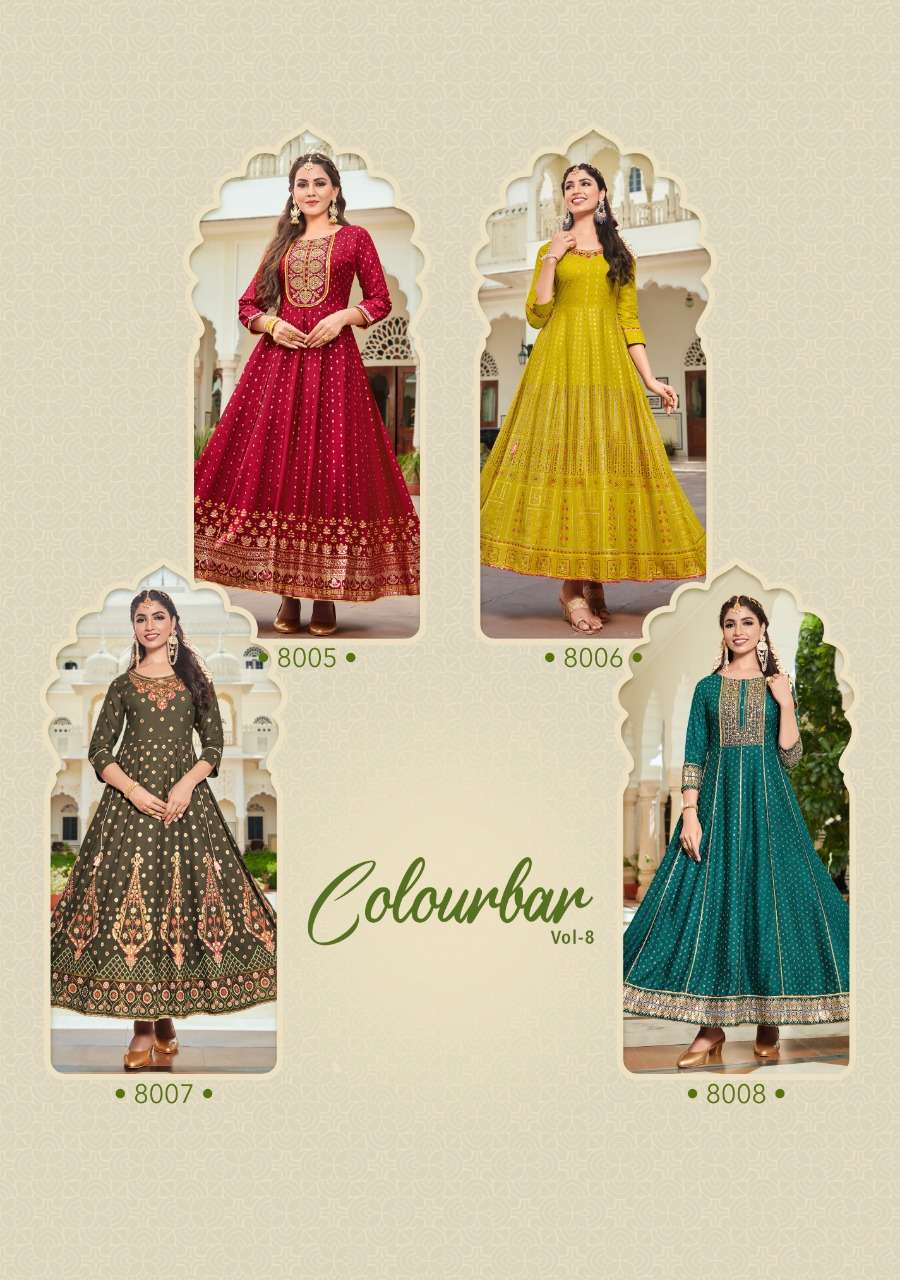 Kajal Style Fashion Colourbar Vol 8 Catalog Fancy Wear Designer Anarkali Long Kurtis Wholesale