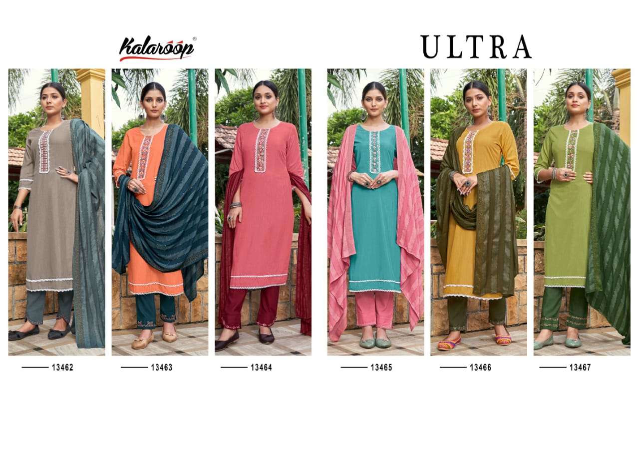 Kalaroop Ultra Catalog Rayon Designer Exclusive Readymade Dress Materials Wholesale