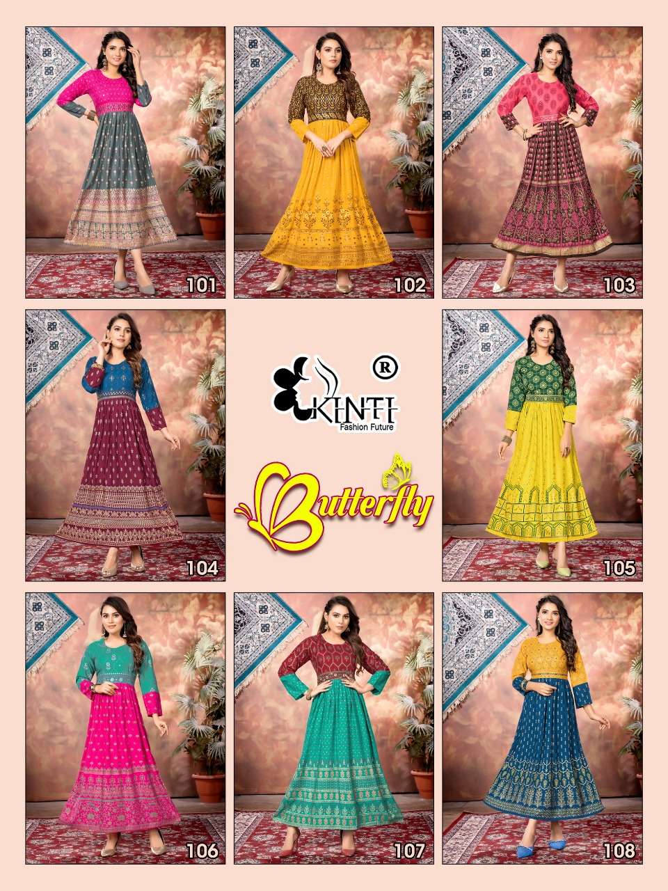 Kinti Butterfly Catalog Heavy Rayon Slub Print Long Kurtis Wholesale