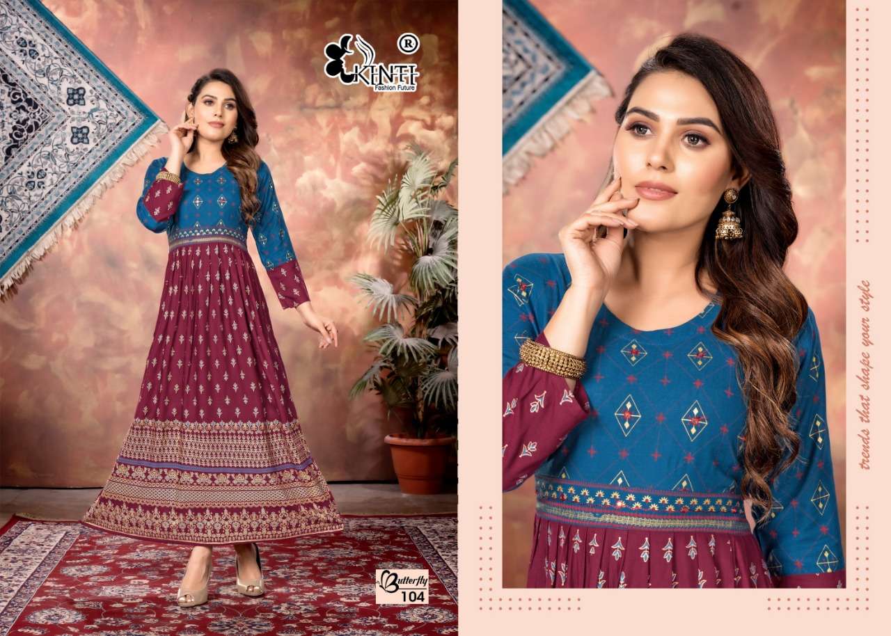Kinti Butterfly Catalog Heavy Rayon Slub Print Long Kurtis Wholesale