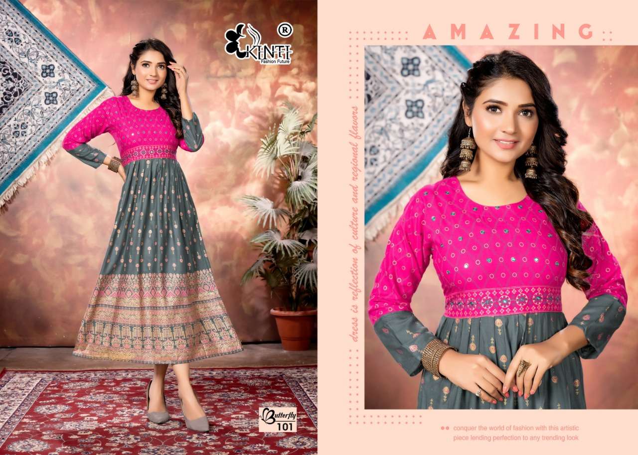 Kinti Butterfly Catalog Heavy Rayon Slub Print Long Kurtis Wholesale