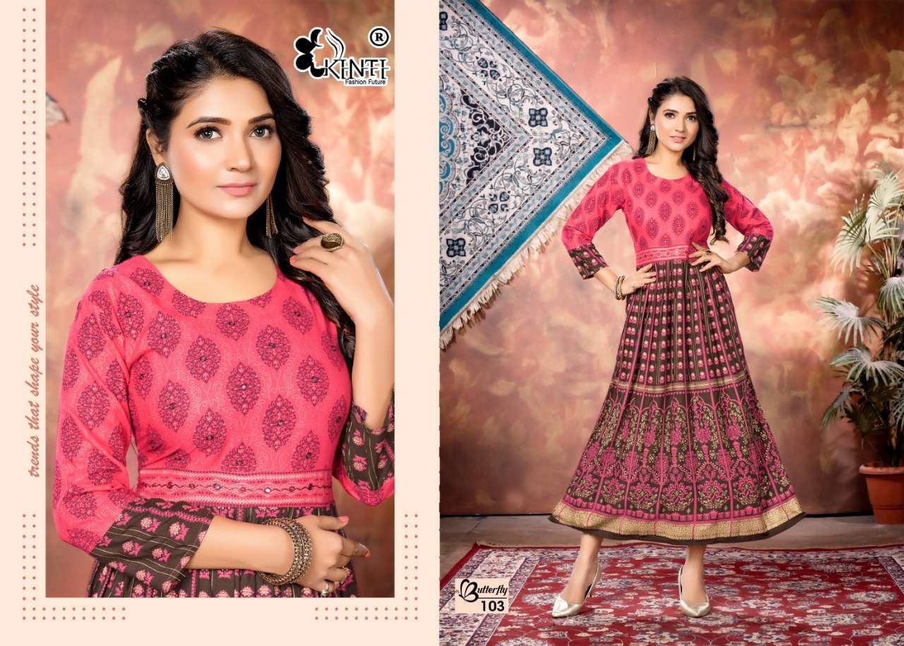 Kinti Butterfly Catalog Heavy Rayon Slub Print Long Kurtis Wholesale