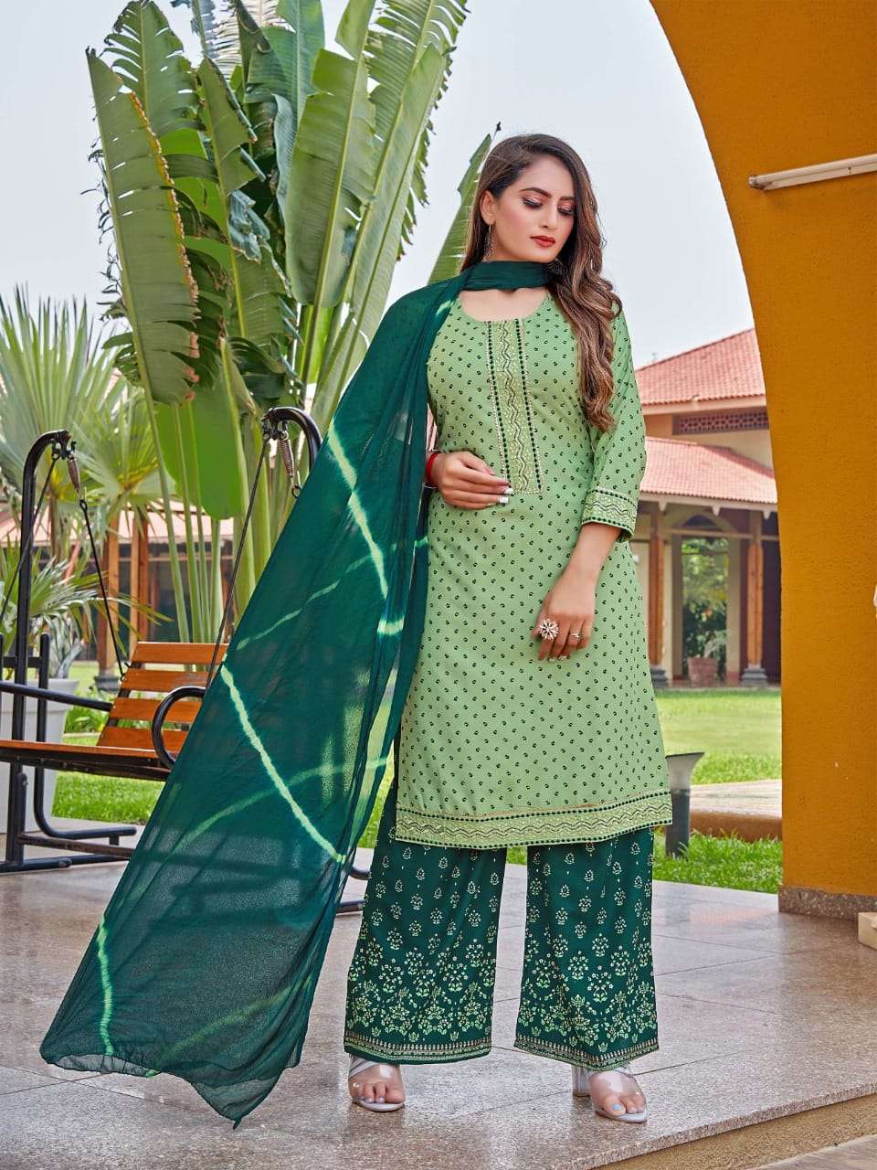 Bottle Green Rayon Embellished Kurti Plazo Dupatta Set – Kaira