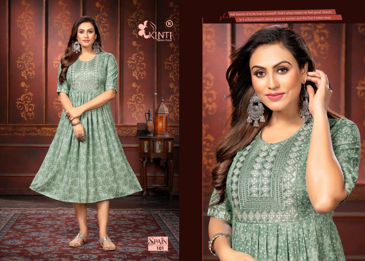 Kinti Spain Catalog Heavy Rayon Embroidery Kurtis Wholesale