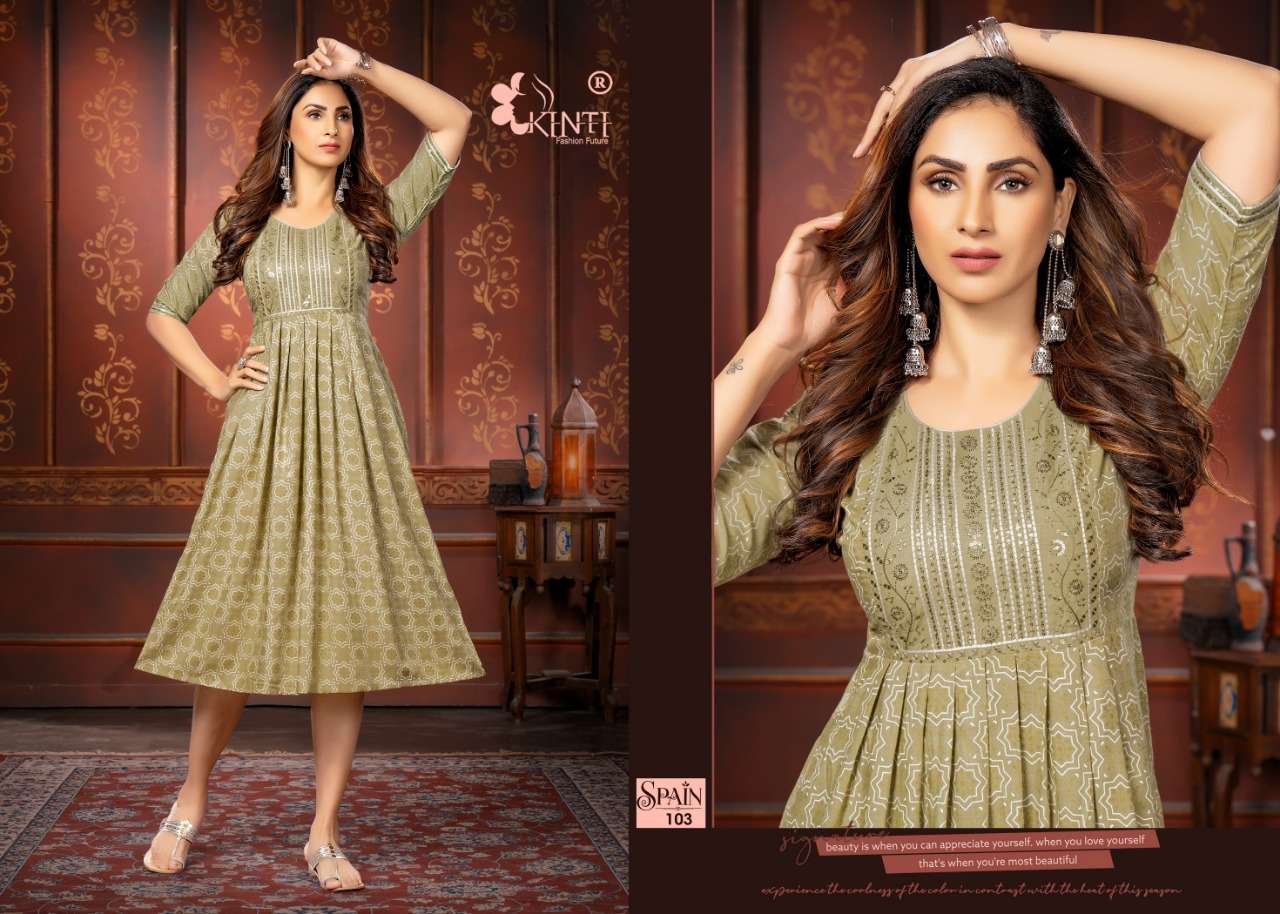 Kinti Spain Catalog Heavy Rayon Embroidery Kurtis Wholesale