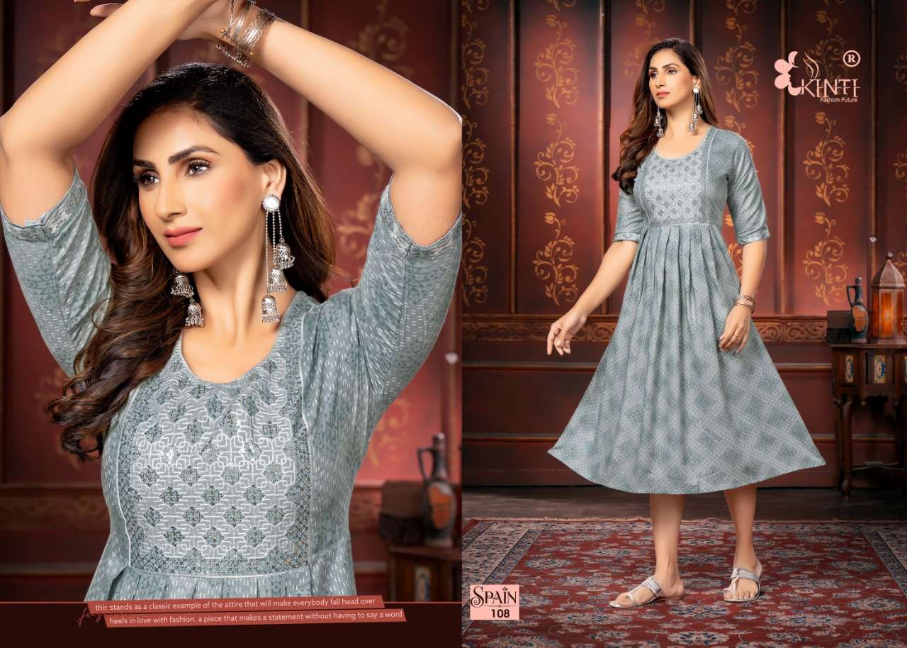 Kinti Spain Catalog Heavy Rayon Embroidery Kurtis Wholesale