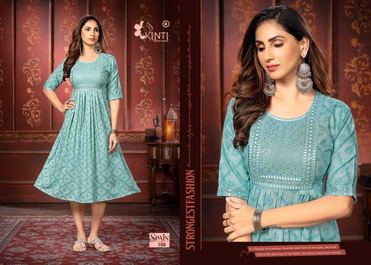 Kinti Spain Catalog Heavy Rayon Embroidery Kurtis Wholesale