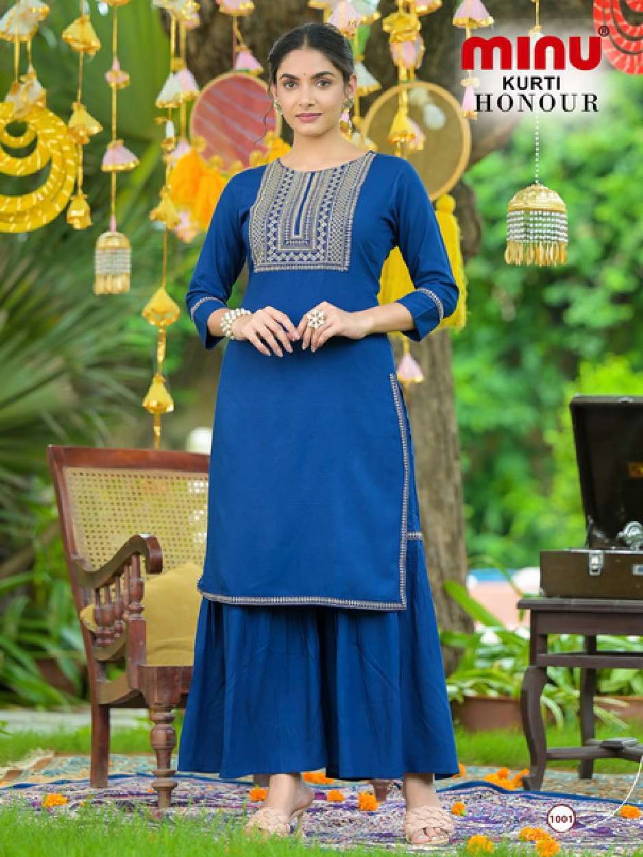 Minu HONOUR Rayon Embroidered Kurtis With Sharara Combo-4P Catalog
