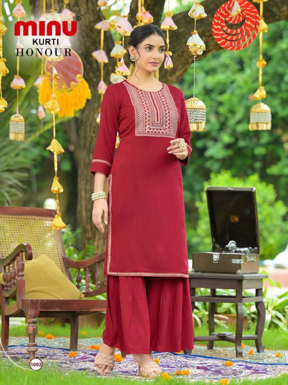 Minu HONOUR Rayon Embroidered Kurtis With Sharara Combo-4P Catalog