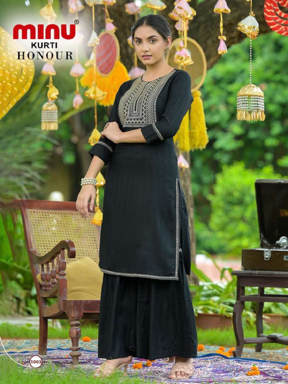 Minu HONOUR Rayon Embroidered Kurtis With Sharara Combo-4P Catalog