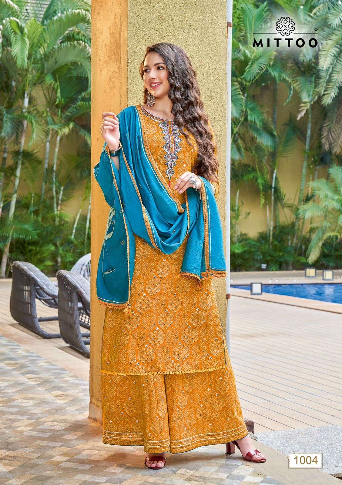 Mittoo Naira Catalog Rayon Party Wear Ready Made Top Bottom Dupatta Wholesale