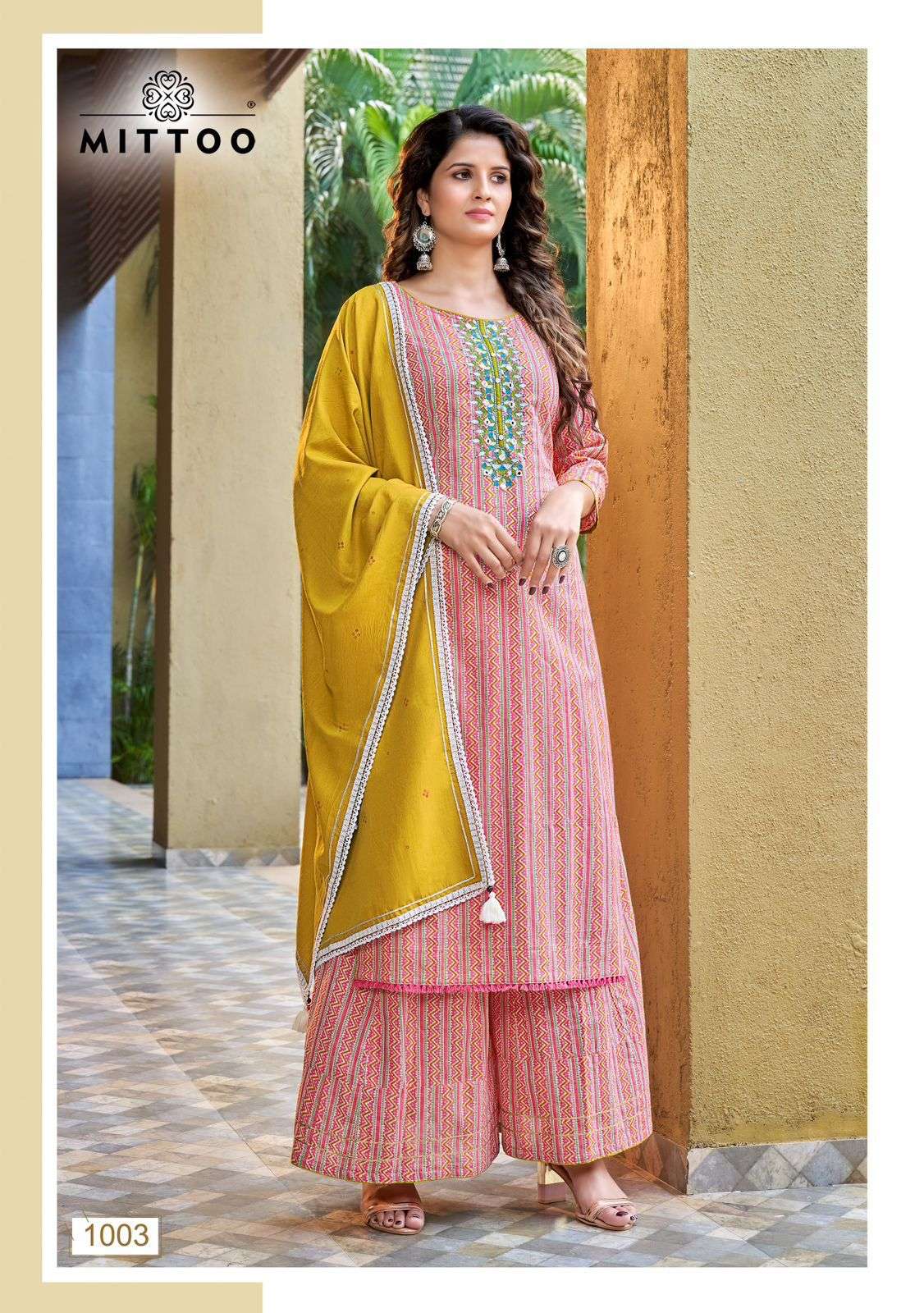 Mittoo Naira Catalog Rayon Party Wear Ready Made Top Bottom Dupatta Wholesale