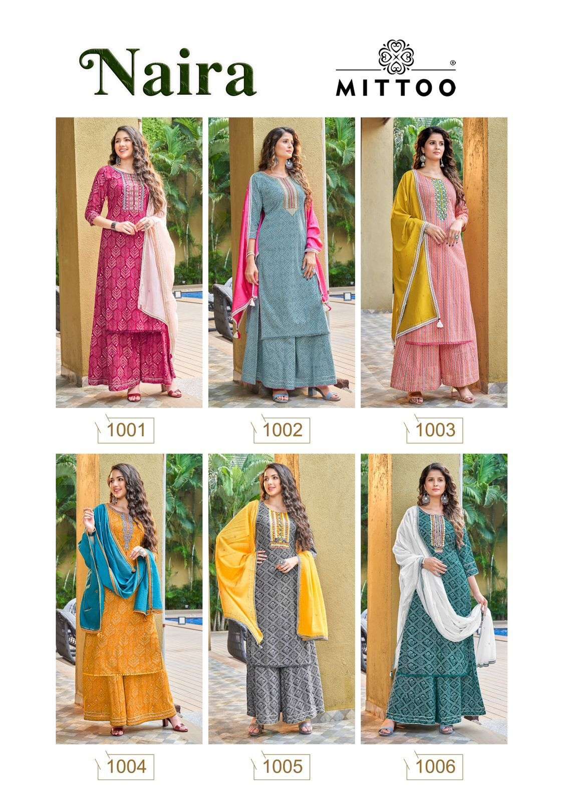 Mittoo Naira Catalog Rayon Party Wear Ready Made Top Bottom Dupatta Wholesale