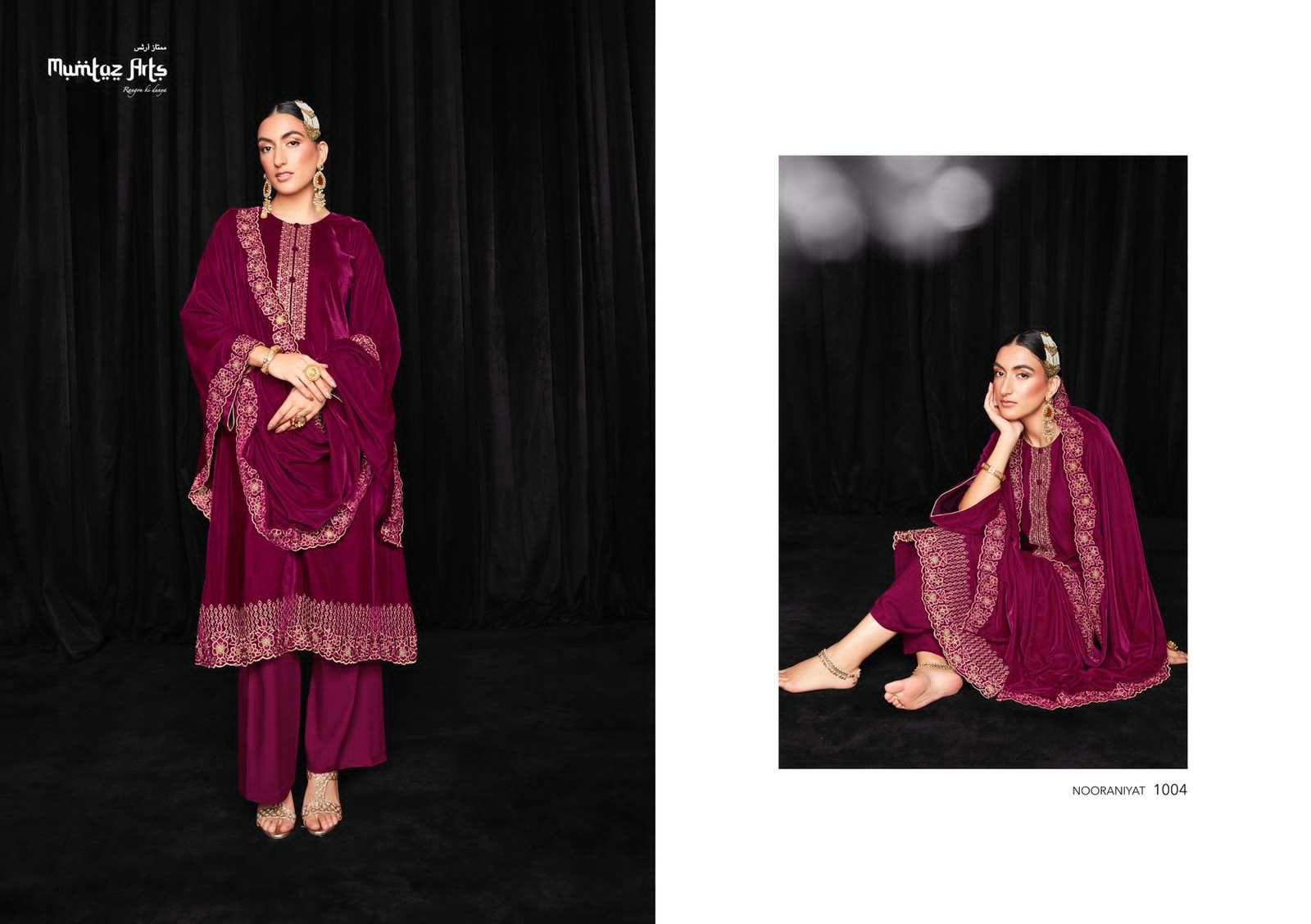 Mumtaz Nooraniyat Catalog Embroidery Wear Velvet Dress Materials Wholesale