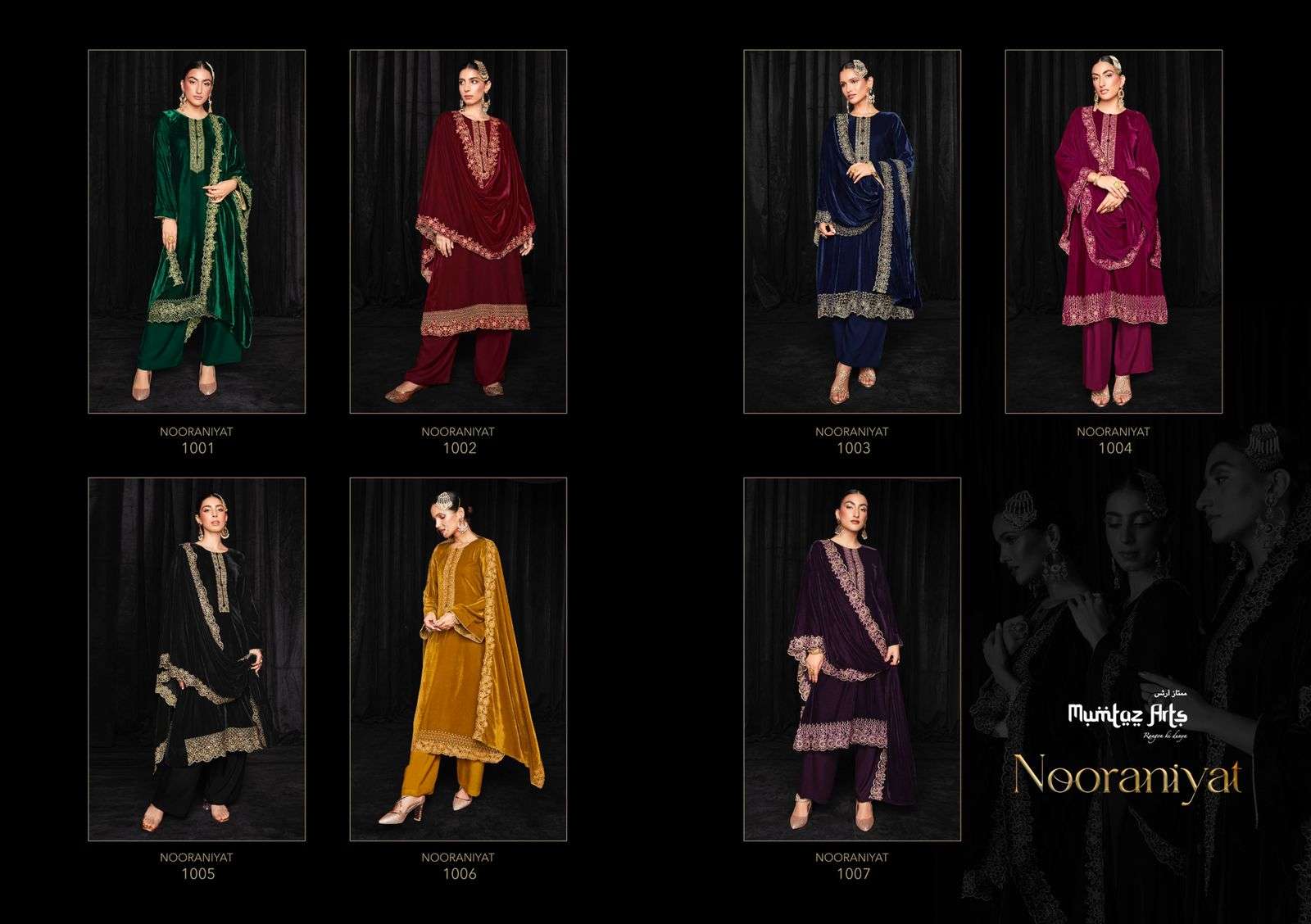 Mumtaz Nooraniyat Catalog Embroidery Wear Velvet Dress Materials Wholesale