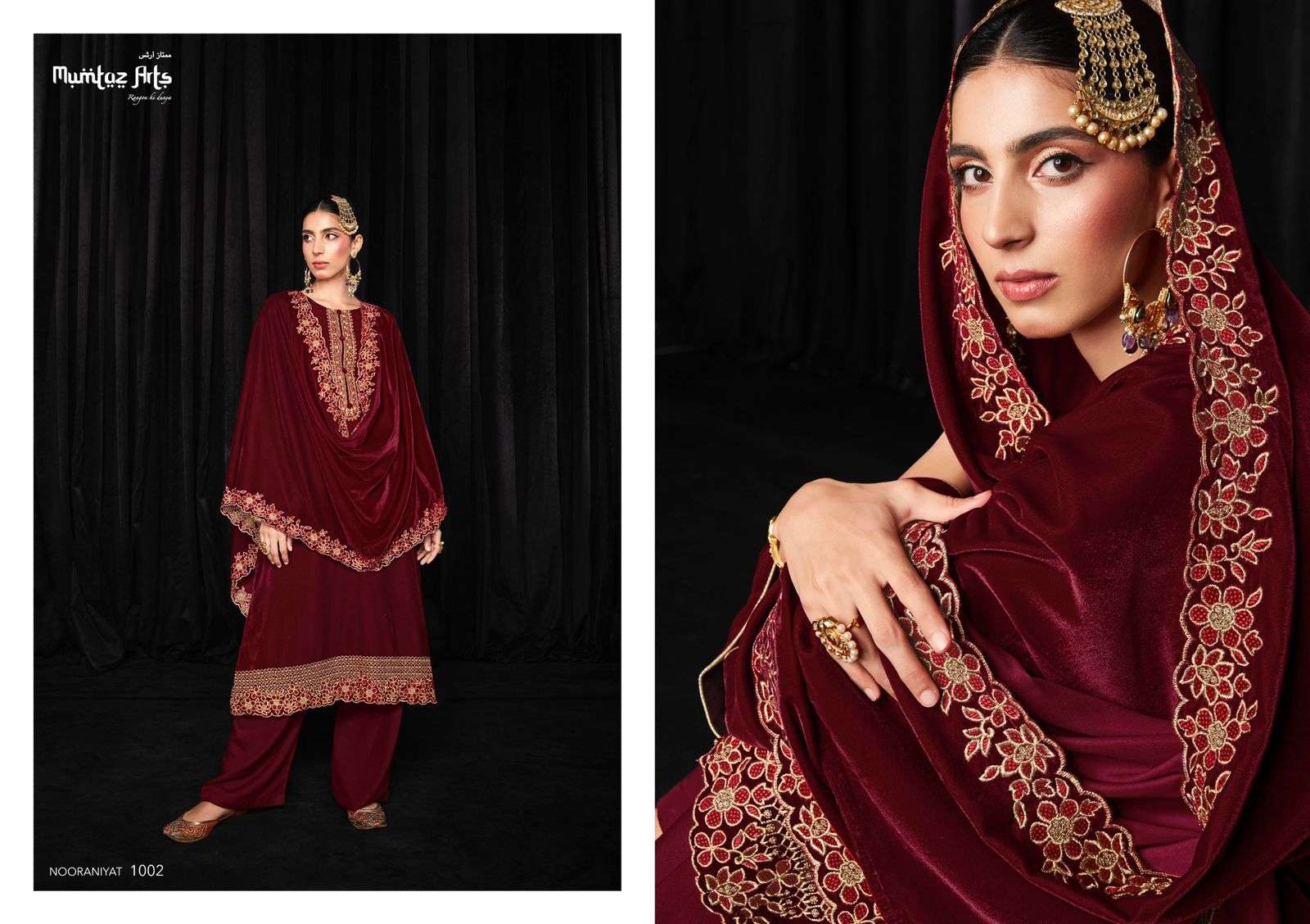 Mumtaz Nooraniyat Catalog Embroidery Wear Velvet Dress Materials Wholesale