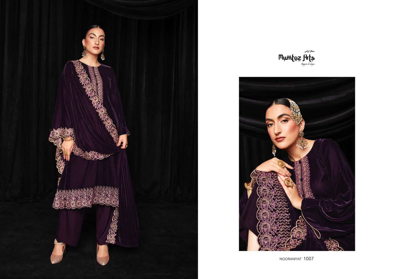Mumtaz Nooraniyat Catalog Embroidery Wear Velvet Dress Materials Wholesale
