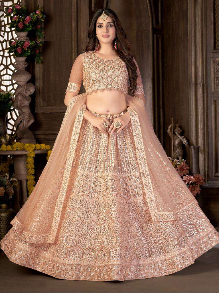 Peach Heavy Soft Net Sequence Exclusive Wear Wholesale Lehenga Choli