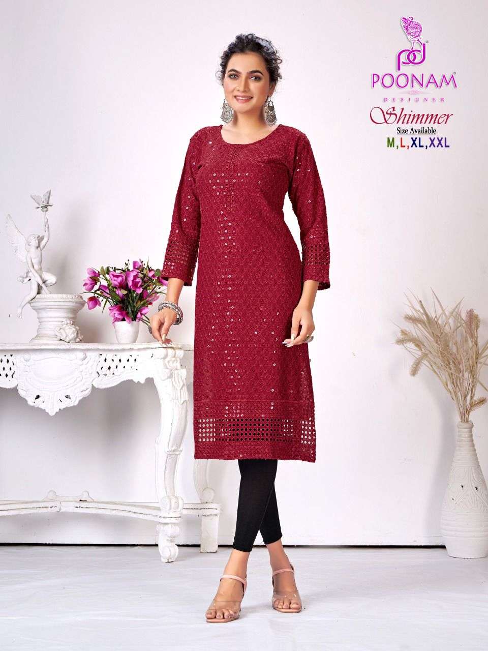 Poonam Shimmer Catalog Designer Rayon Party Wear Kurtis Wholesale