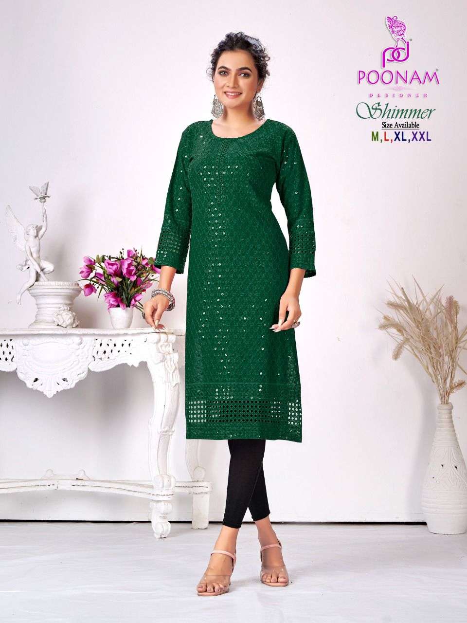 Poonam Shimmer Catalog Designer Rayon Party Wear Kurtis Wholesale