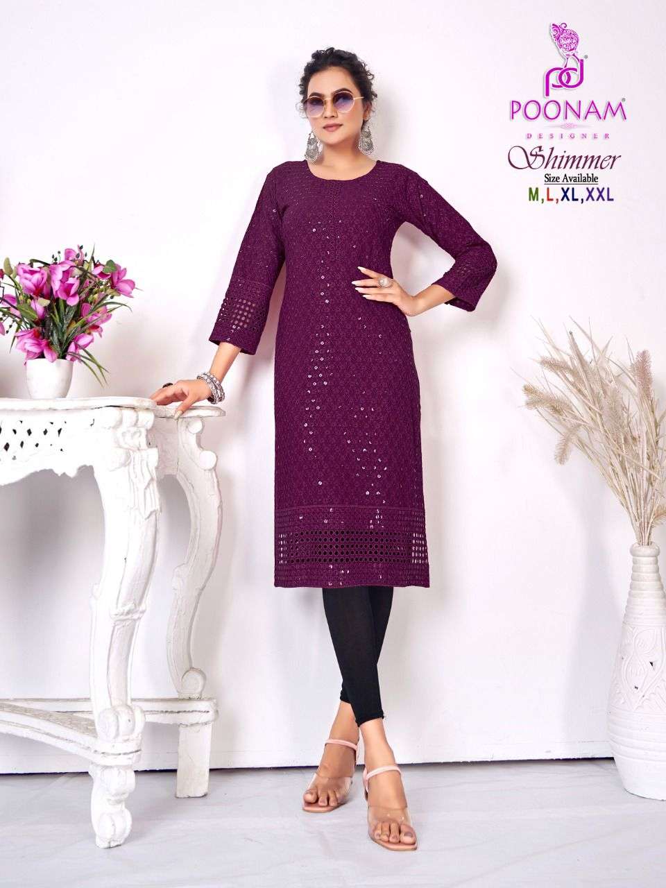 Poonam Shimmer Catalog Designer Rayon Party Wear Kurtis Wholesale