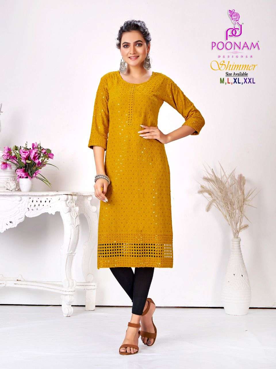Poonam Shimmer Catalog Designer Rayon Party Wear Kurtis Wholesale