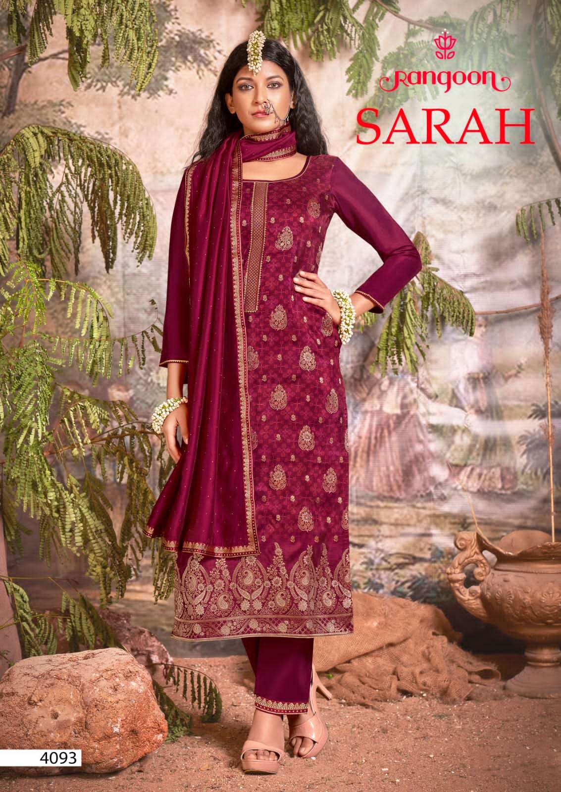 Rangoon Sarah Catalog Pure Dola Muslin Jacquard Kurti With Bottom Dupatta Wholesale