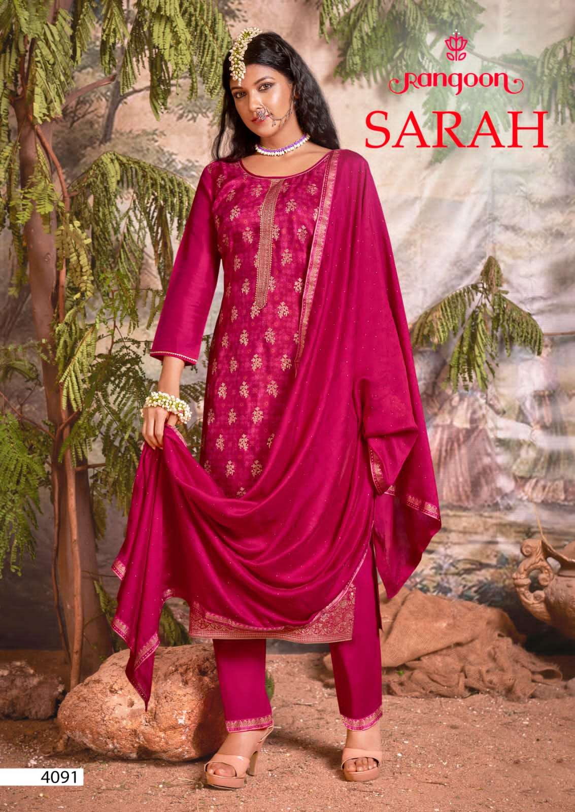 Rangoon Sarah Catalog Pure Dola Muslin Jacquard Kurti With Bottom Dupatta Wholesale