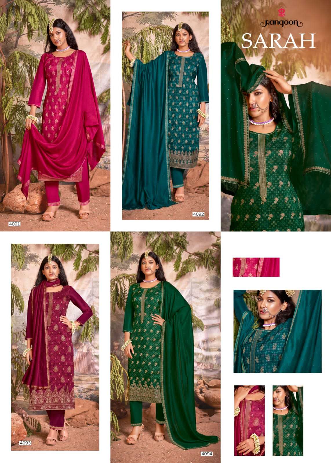 Rangoon Sarah Catalog Pure Dola Muslin Jacquard Kurti With Bottom Dupatta Wholesale