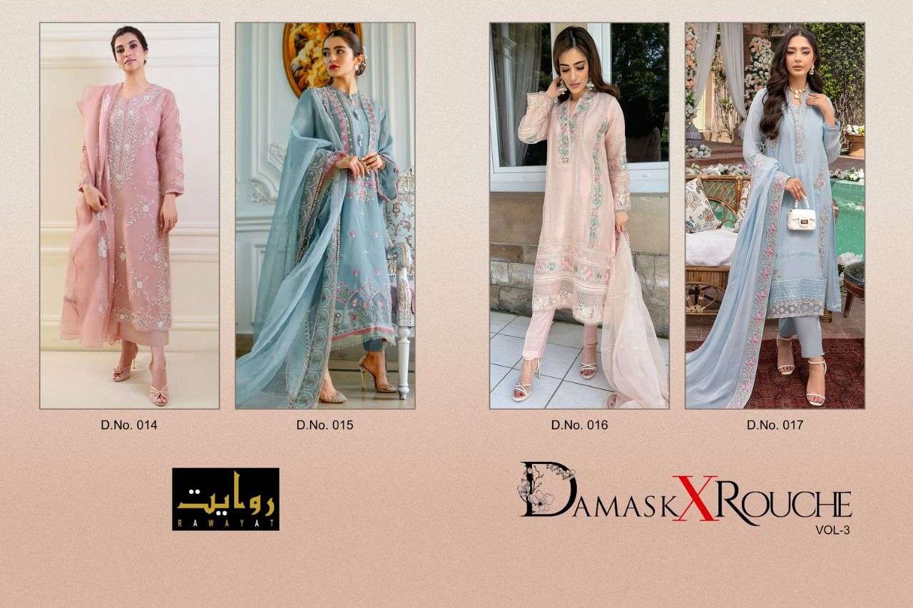 Rawayat Damask X Rouche Vol 3 Catalog Pakistani Salwar Suits Wholesale