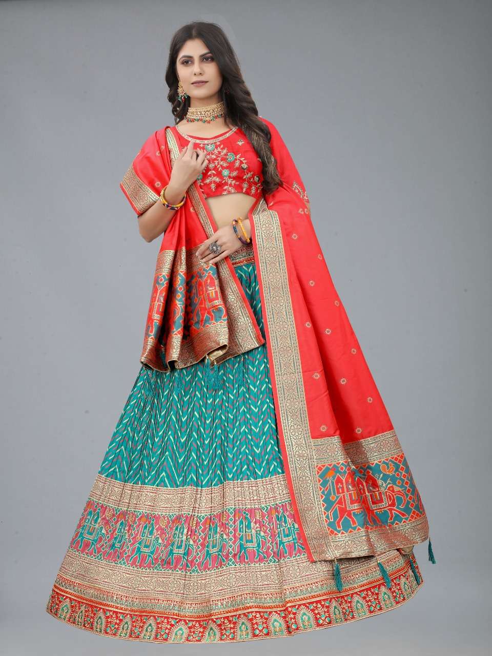 Red & Blue Multi Color Fancy Designer Banarasi Silk Bridal Lehenga Choli Wholesale