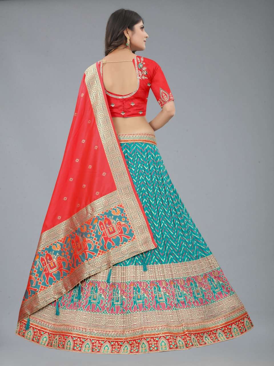 Red & Blue Multi Color Fancy Designer Banarasi Silk Bridal Lehenga Choli Wholesale