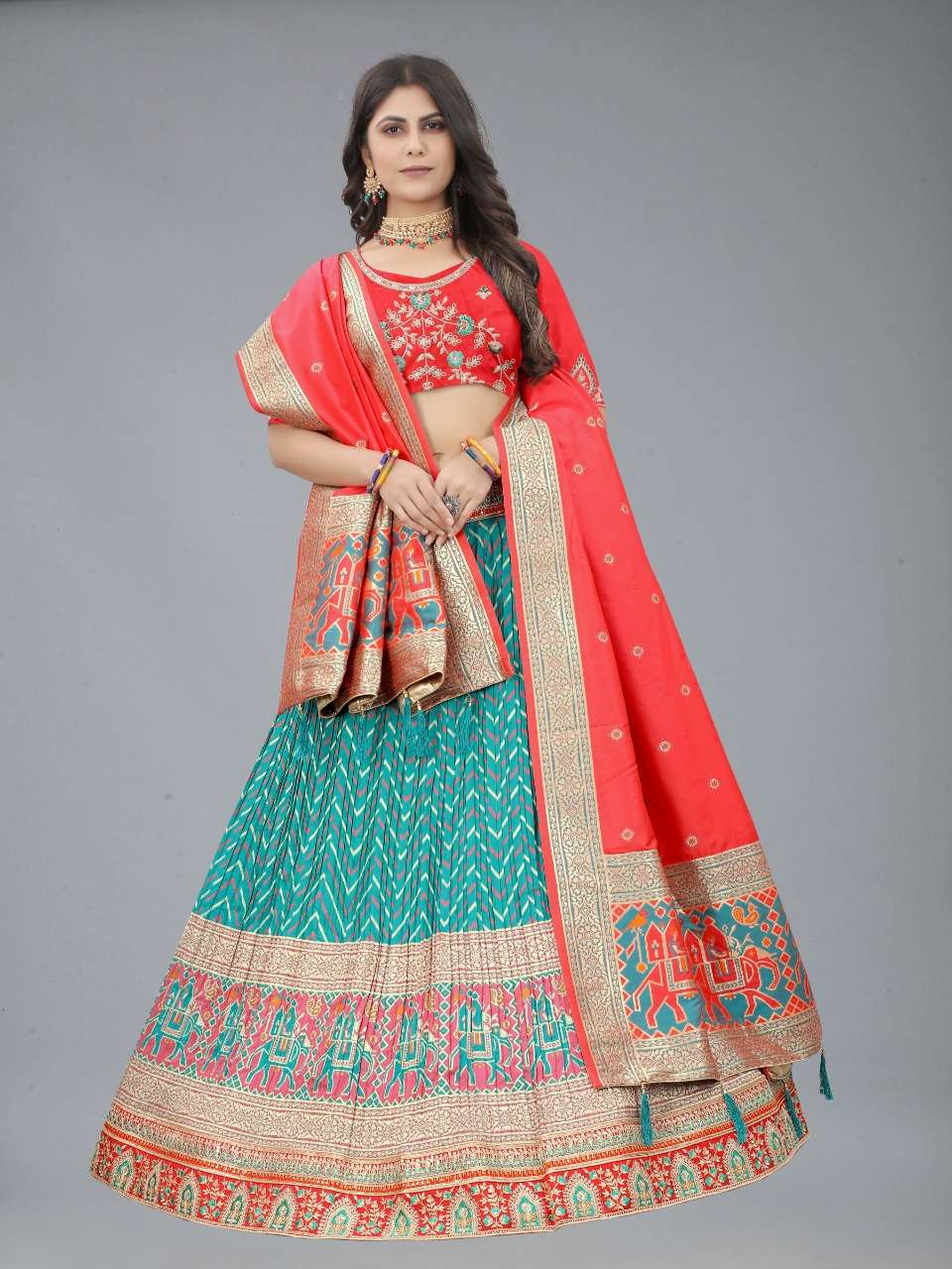 Red & Blue Multi Color Fancy Designer Banarasi Silk Bridal Lehenga Choli Wholesale
