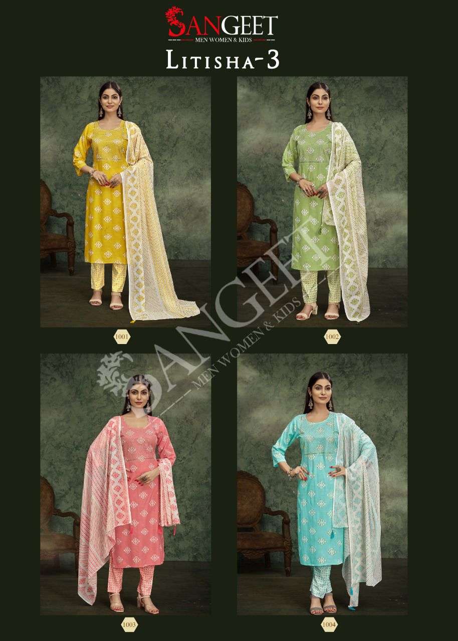 Sangeet Litisha Vol 3 Catalog Rayon Slub Embroidery Wear Top Bottom Dupatta Wholesale