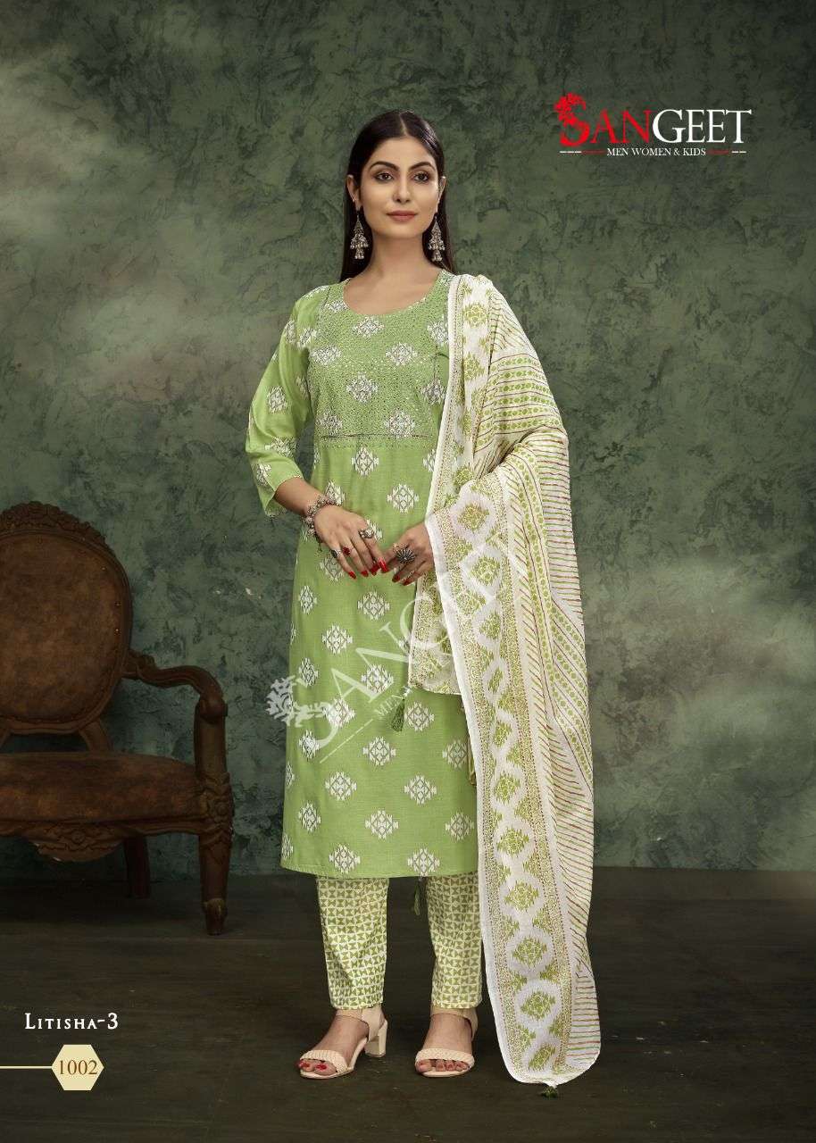 Sangeet Litisha Vol 3 Catalog Rayon Slub Embroidery Wear Top Bottom Dupatta Wholesale