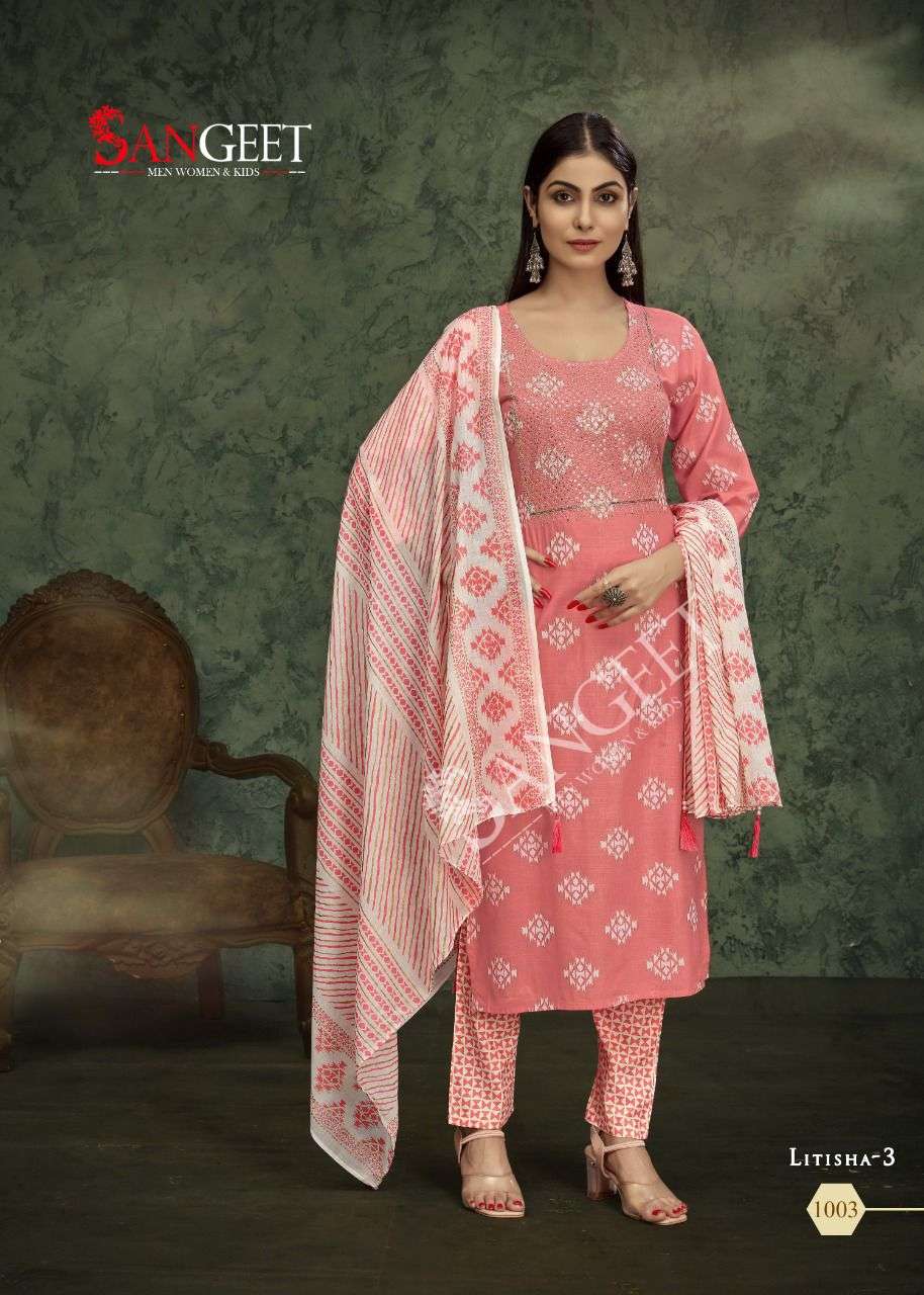 Sangeet Litisha Vol 3 Catalog Rayon Slub Embroidery Wear Top Bottom Dupatta Wholesale