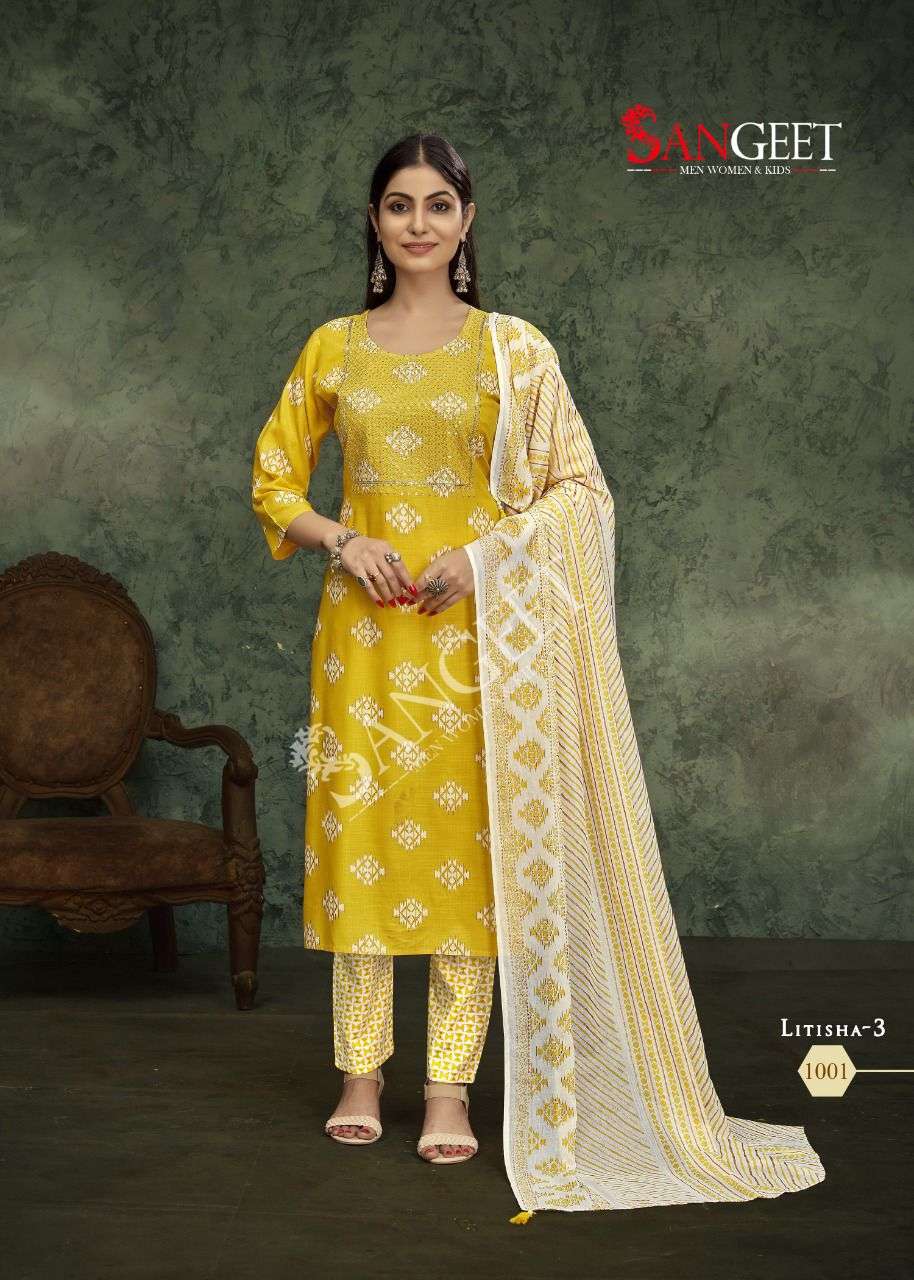 Sangeet Litisha Vol 3 Catalog Rayon Slub Embroidery Wear Top Bottom Dupatta Wholesale