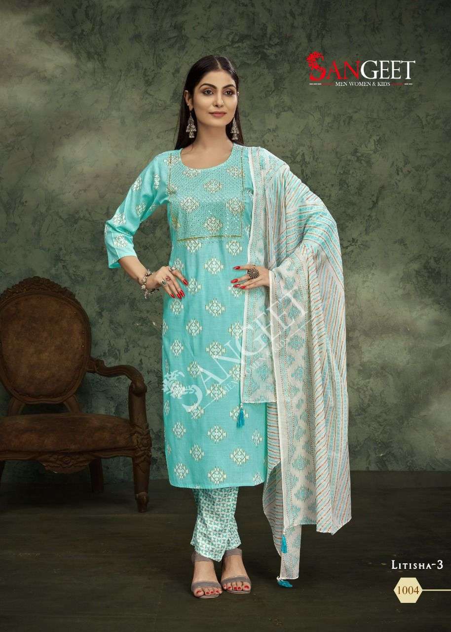 Sangeet Litisha Vol 3 Catalog Rayon Slub Embroidery Wear Top Bottom Dupatta Wholesale