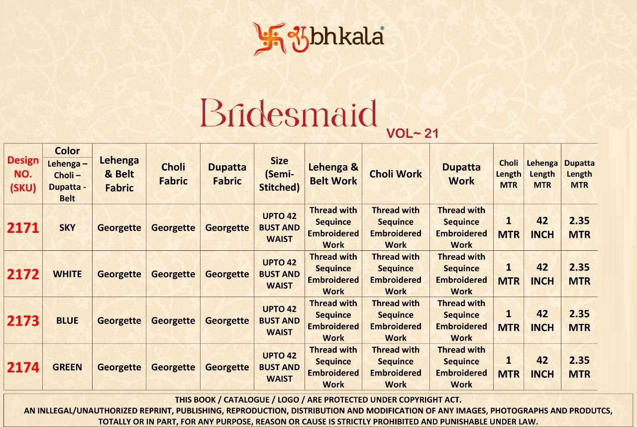 Shubhakala Bridesmaid Vol 21 Catalog Exclusive Party Wear Lehenga Choli Wholesale